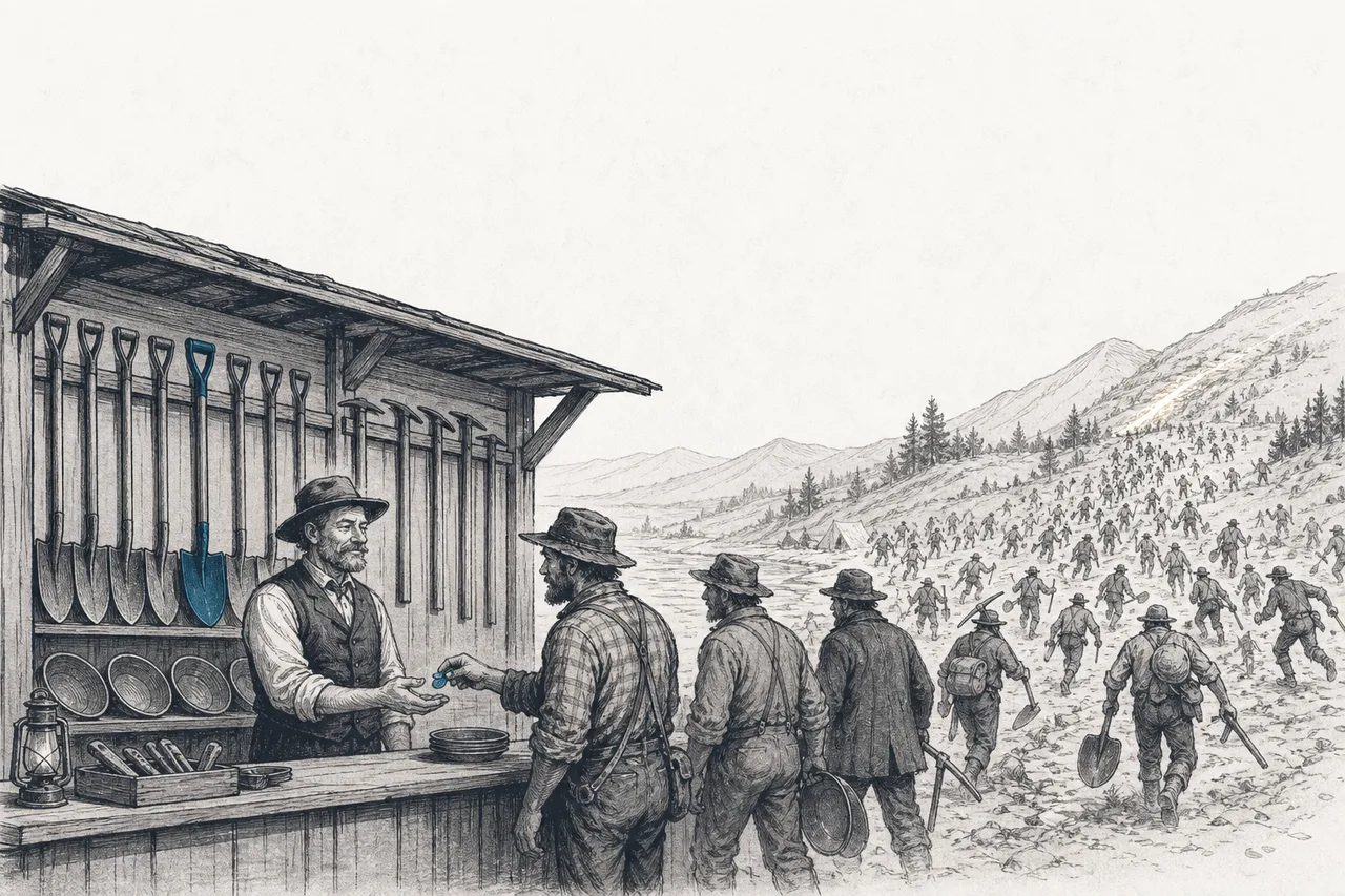 Excited gold prospectors rush toward a glittering pile of gold ore, but in front of them sits a calmer shop selling shovels, picks, and gear — its owner collecting money from every digger
