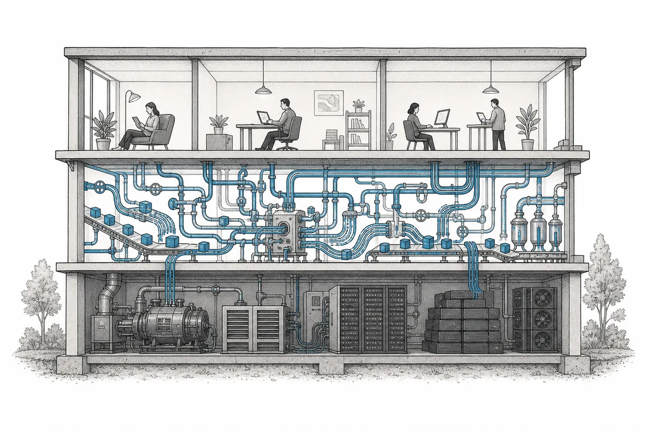 A cross-section of a multi-story building: the bottom floor is chips and cloud, the middle floor is interconnected tools and data pipes, the top floor is the apps people use