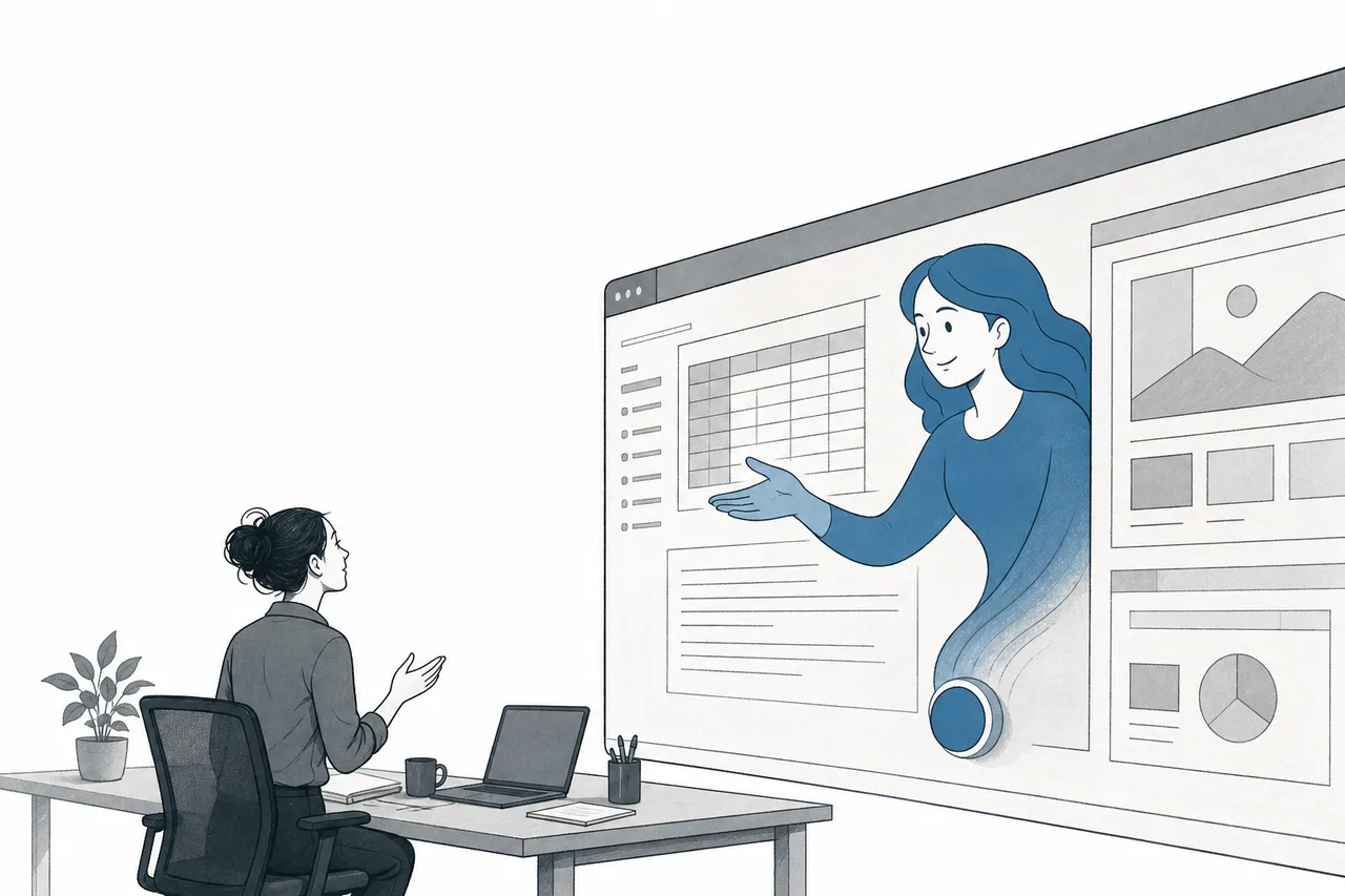 A tiny office worker standing and talking next to an assistant shaped like a giant chat button that has popped out of the screen of the software they use every day
