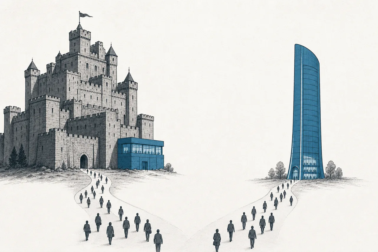 An image contrasting two camps: on one side a giant company that has bolted an AI assistant on as an extra wing, on the other a small company built entirely new around AI