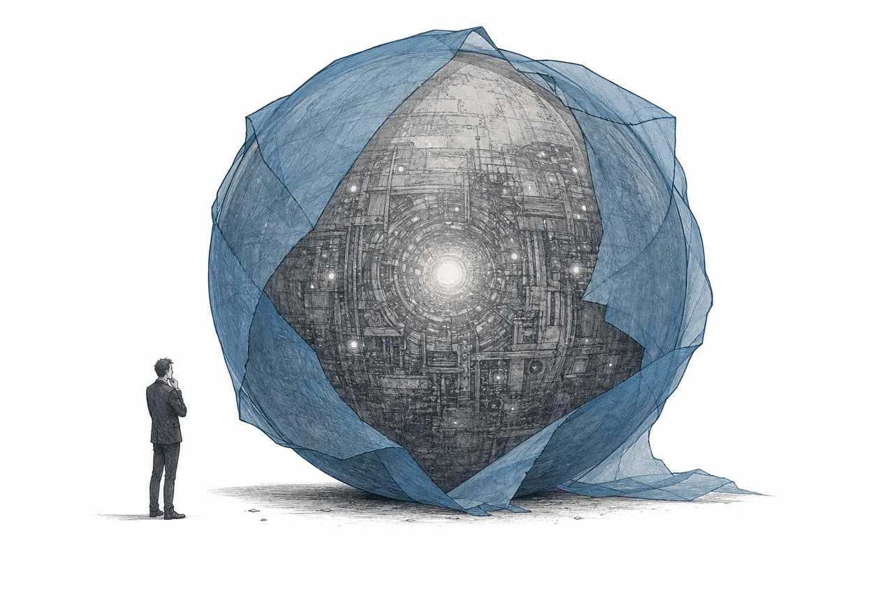 A metaphorical image of a razor-thin box wrapping a giant power core inside, with people weighing whether this thin box can survive