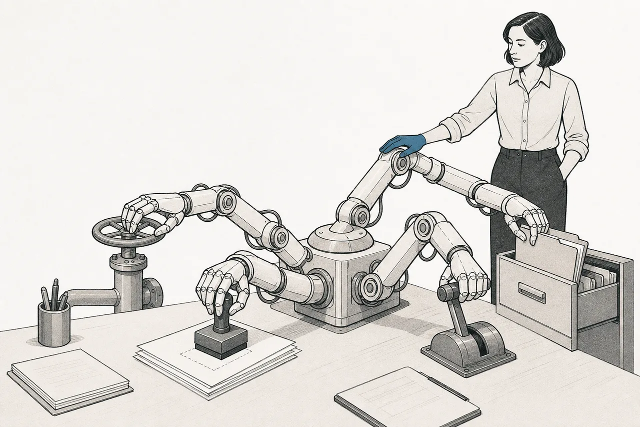 A many-handed robot arm juggling documents and various tools on a desk all at once, while a small human stands a little way off, watching.