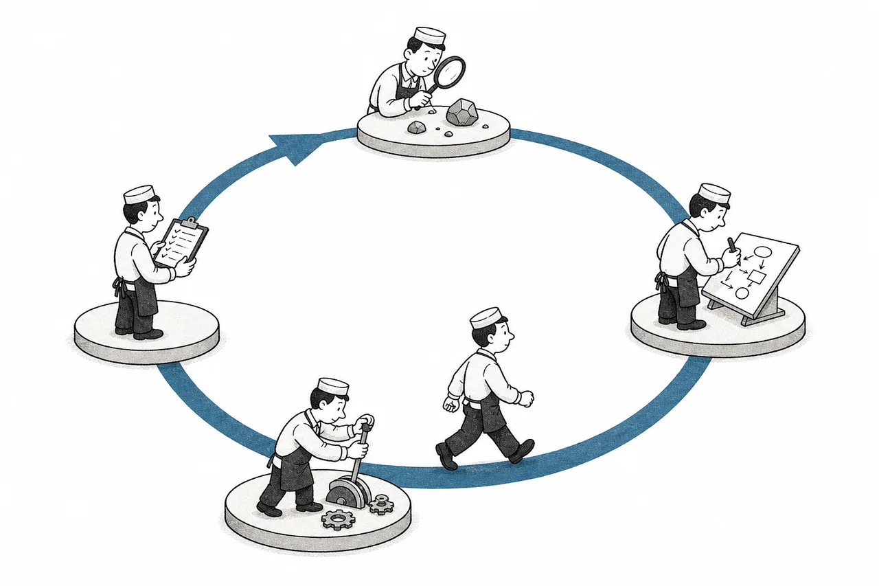 An assistant character walking in a circle, passing four points — look, think and plan, act, and check the result — then looping back to start again.