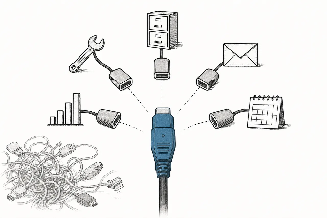 A single standard plug fitting into many sockets that connect to various tools and databases — one central, common standard linking everything.