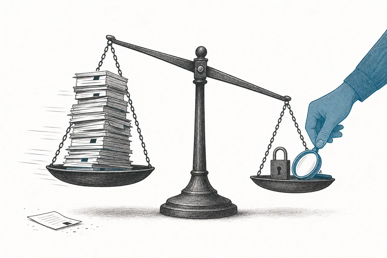 A two-sided scale: one side holds a pile of work finished quickly, the other a magnifying glass and a human hand checking for reliability.