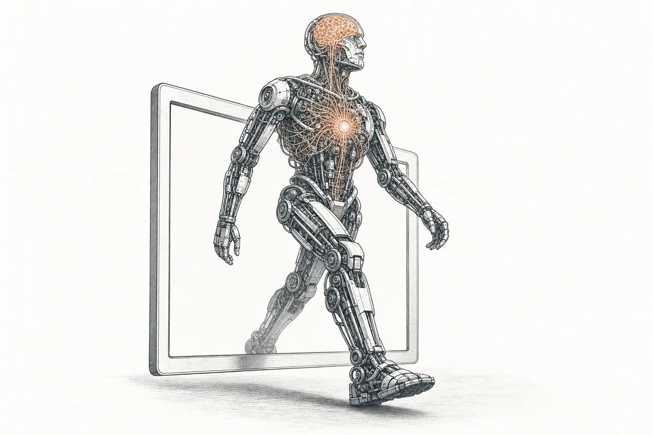 A robot cut open to show its insides — half the body is gears and motor mechanics, the other half a glowing brain circuit, stepping out of the screen frame onto real ground