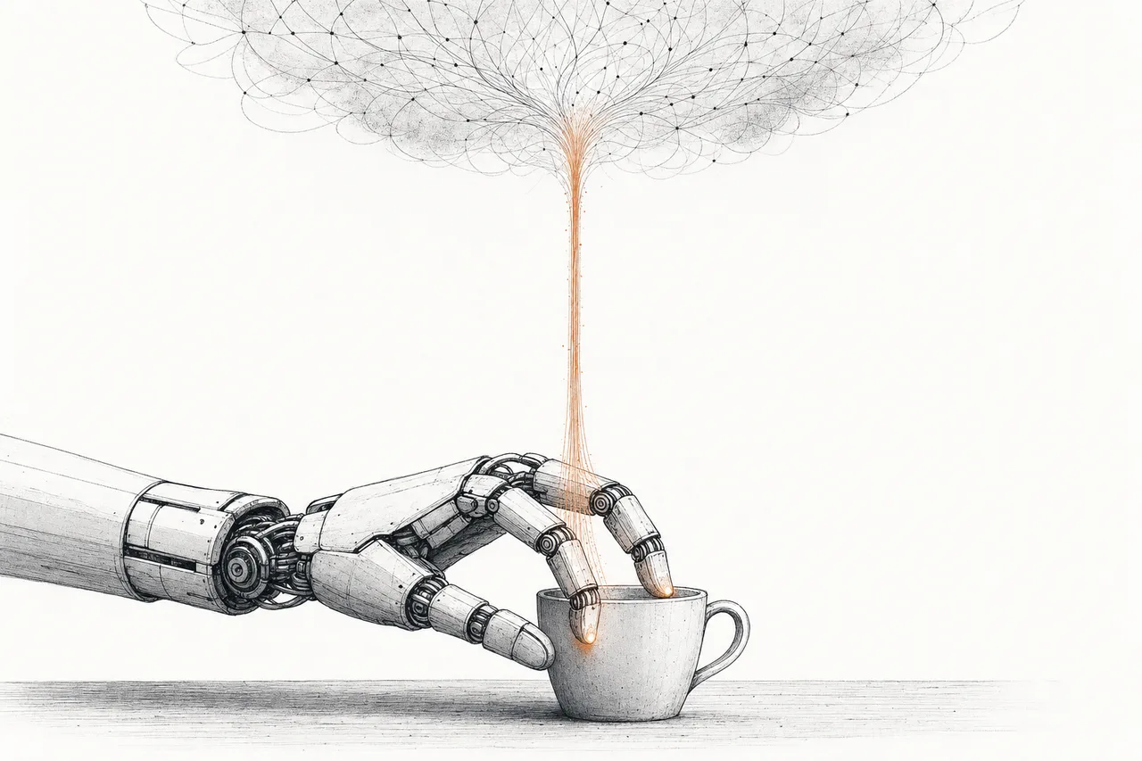 Light of intelligence spills from an AI cloud, flows down the wiring into a robotic hand that confidently grabs an object on real ground