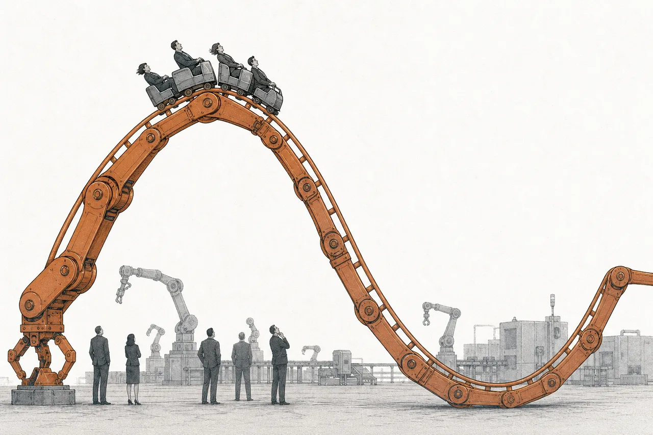A roller coaster shaped like an industrial robot arm, running up and down in big violent waves — representing the volatile profit-and-loss cycle of the robot business