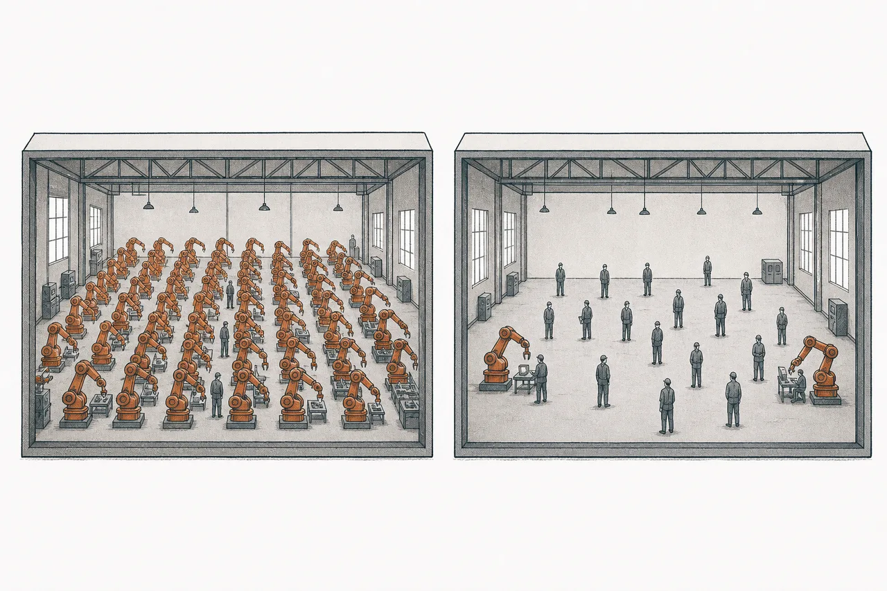 A comparison of two factories. One has few workers but a dense floor packed with robot arms; the other has many workers but only a handful of robot arms