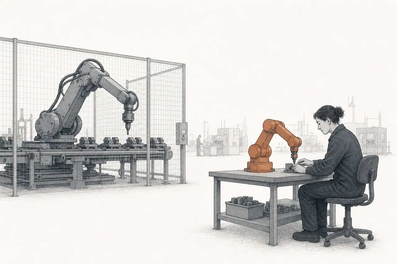 A wide shot of a factory floor: a large industrial robot arm working fast behind a safety fence, while a smaller robot arm works calmly right beside a worker at the same bench