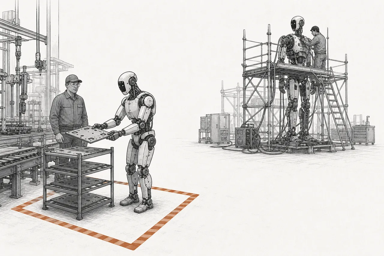 A humanoid robot does repetitive carrying alongside workers on a production line, while other robot peers are still surrounded by scaffolding and cables, signaling it's still the trial stage