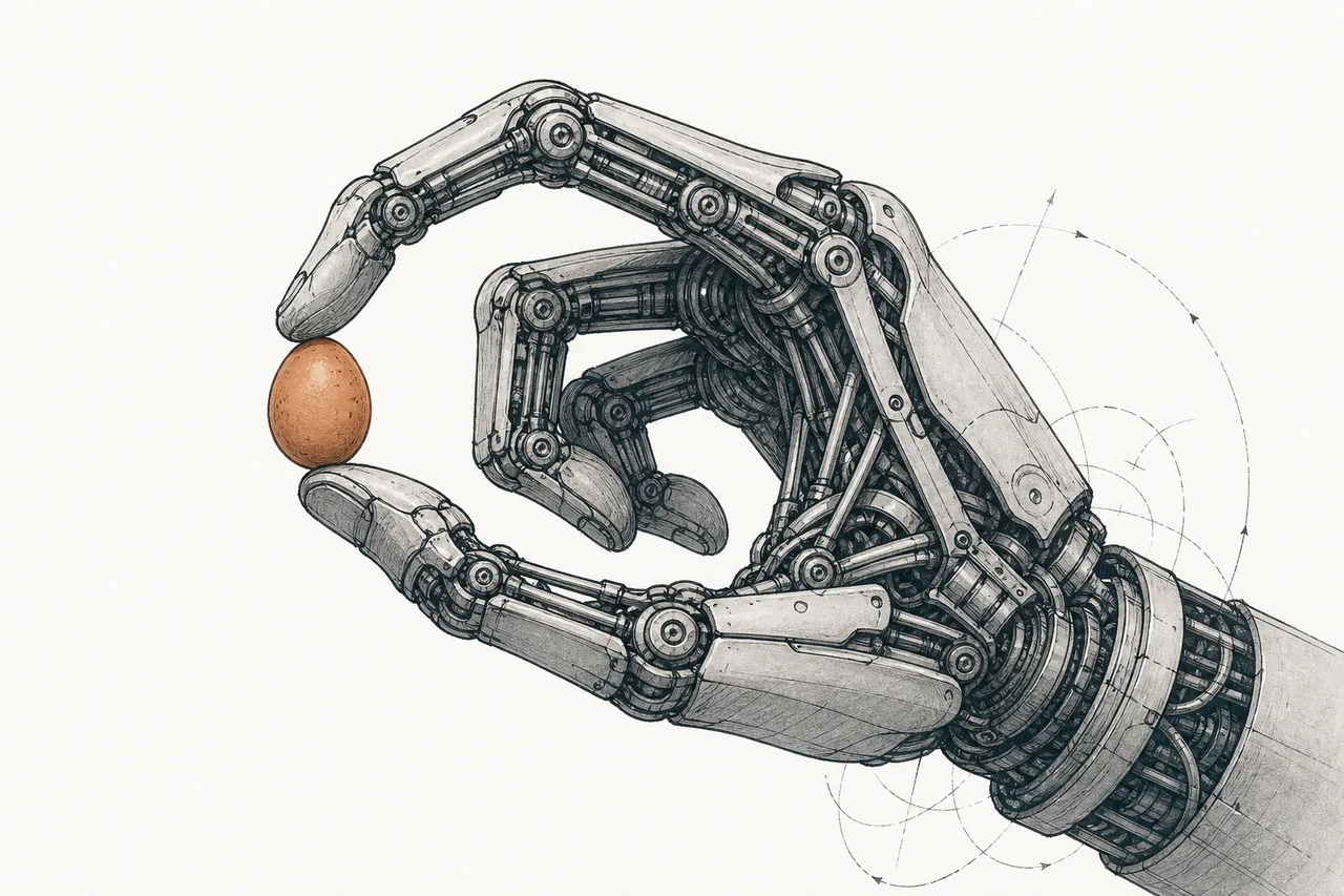 A mechanical hand with many fingers and joints delicately picking up a small object, showing that hand dexterity is the hardest problem