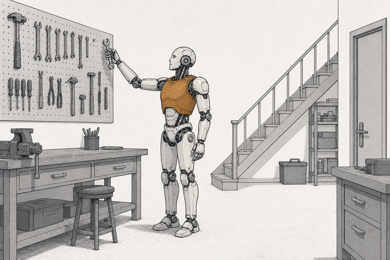 A humanoid robot stands quietly in the middle of a factory, reaching to grab a tool from a shelf designed for people, as if it were born for this world