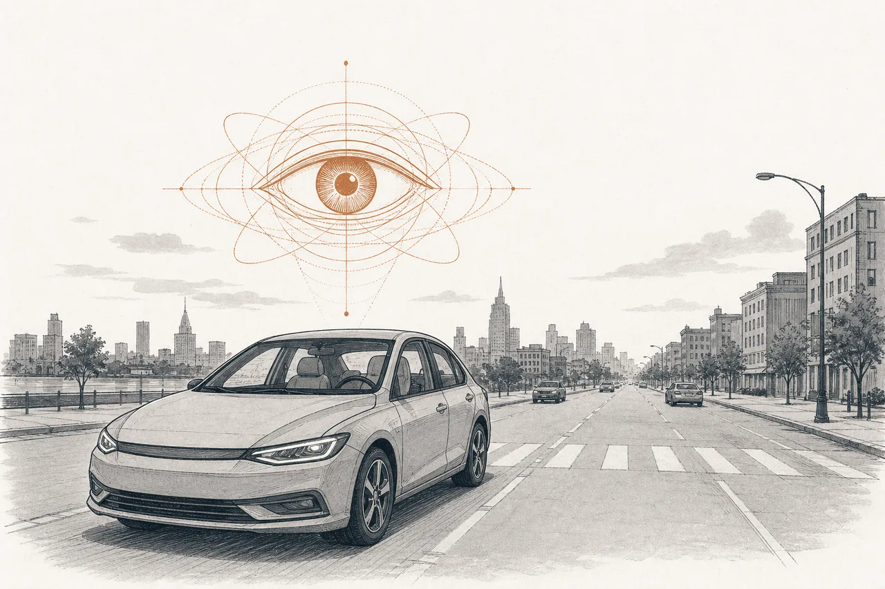 A driverless car moving on a city street, with a giant all-seeing eye above its roof standing in for the artificial intelligence that replaces the human driver