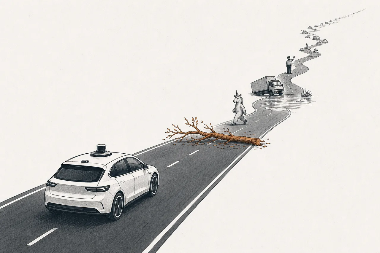A driverless car moving smoothly on a straight road, but ahead lie rare, strange scenes waiting in a long tail