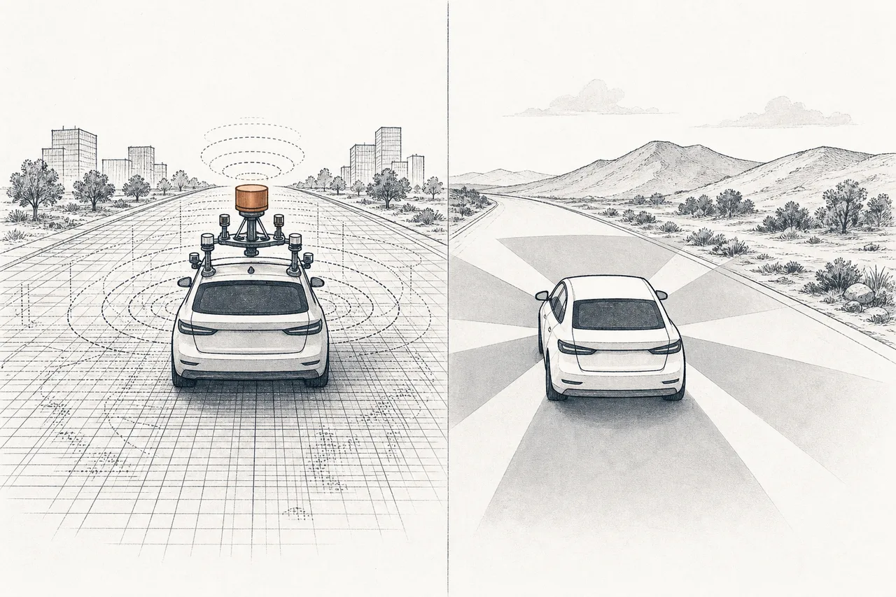 A side-by-side comparison: one side a car with spinning sensors on the roof and a detailed map, the other a plain car that sees with cameras only