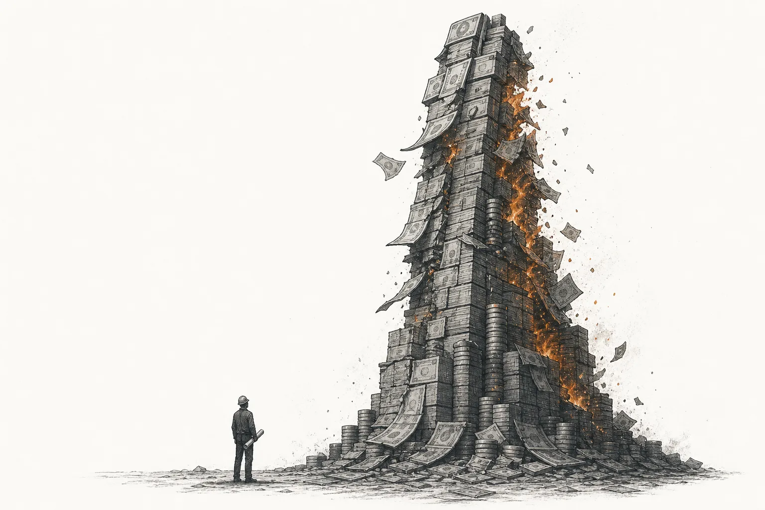 A colossal pile of money burning and collapsing, evoking a robotaxi company that torched tens of billions of dollars and then had to shut down — a cautionary tale.