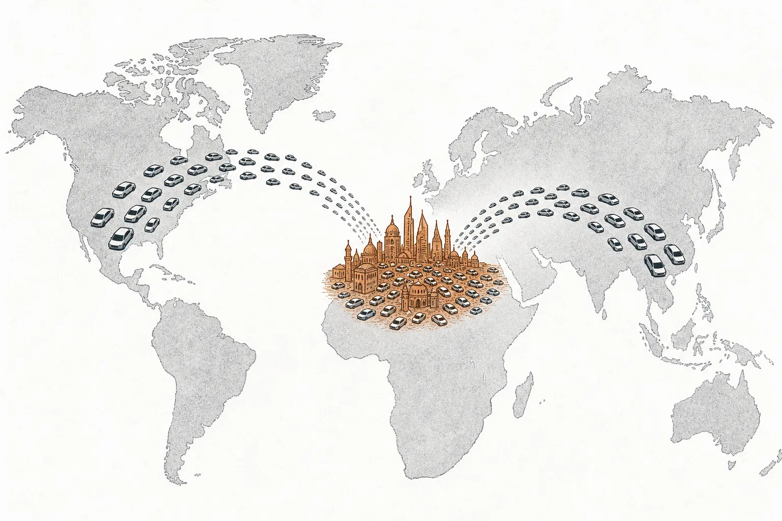 A simple world map with two streams of robotaxi fleets flowing out of the U.S. and China, converging to contest one central city in the Middle East.