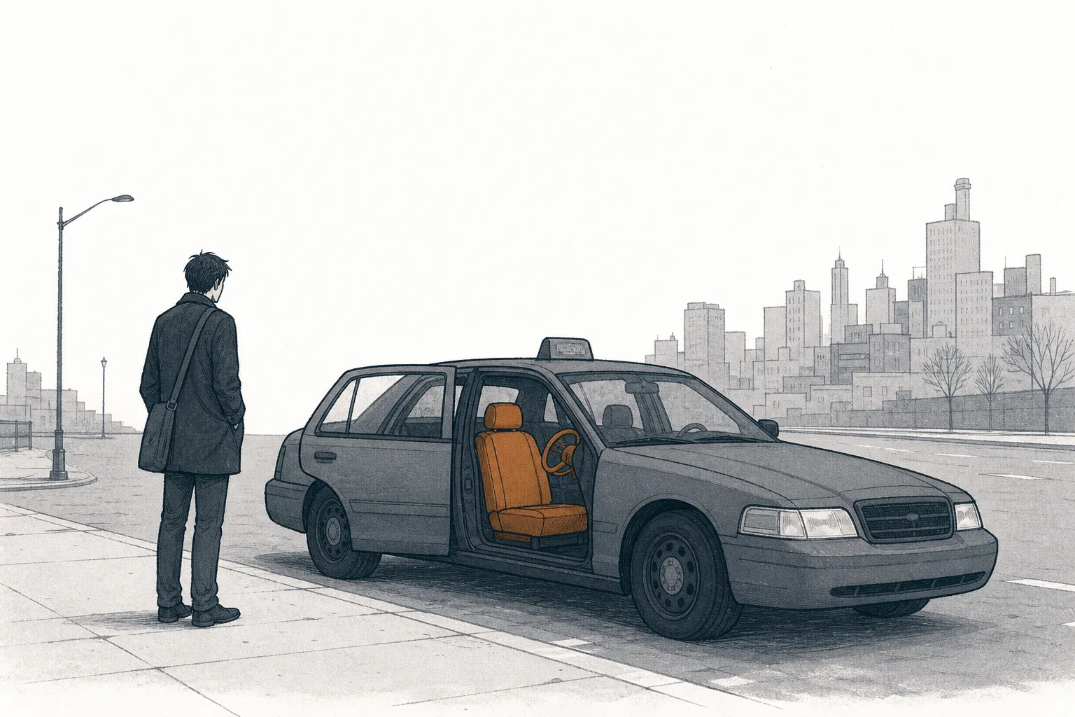 A taxi parked at a city curb with its door open, revealing an empty driver's seat with no one in it, the steering wheel turning gently on its own, while a passenger looks on with a mix of awe and unease.