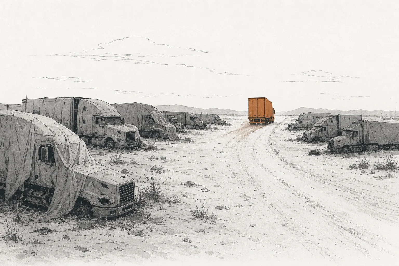 Several trucks sit abandoned, covered in dust, in a wide lot, while one truck still drives off down the road ahead — evoking the companies that fell and the few that survived.