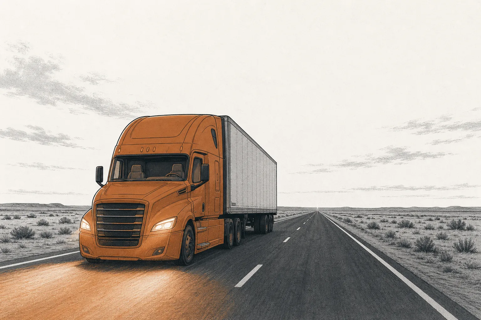 A large 18-wheeler driving on a long, quiet, straight highway at dusk. The empty driver's seat is visible through the windshield, evoking a truck that drives itself with no one aboard.