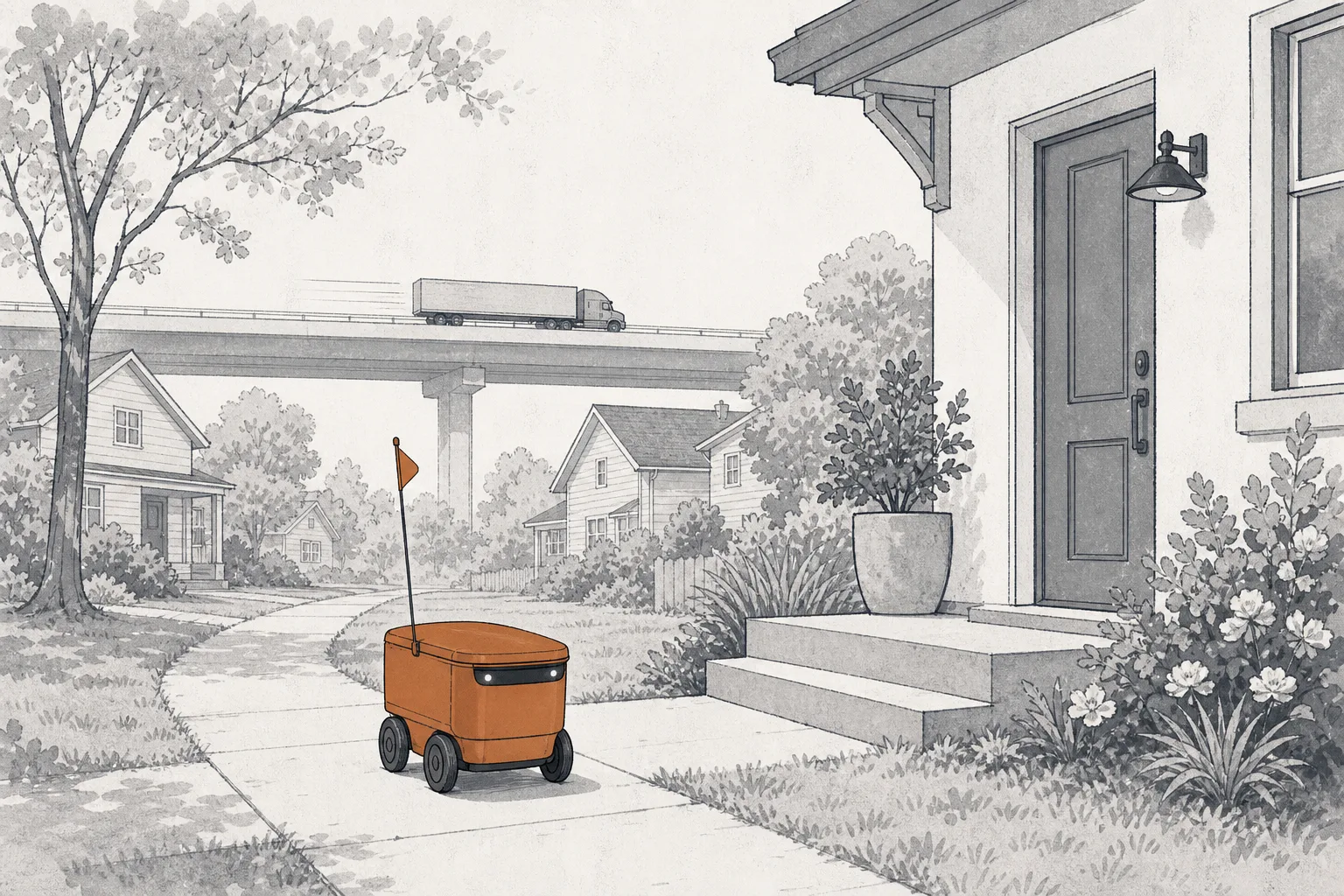 A small wheeled delivery robot crawls along the sidewalk in front of a house in a residential neighborhood, while far in the background a large truck runs on an elevated road — evoking the two arenas of driverless hauling.