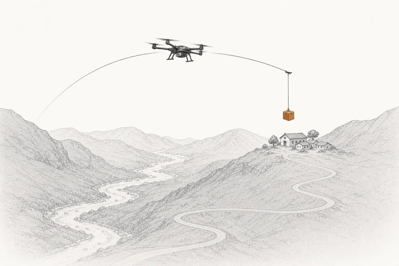 A delivery drone flying over mountains and a river, dropping a small box to a clinic in a remote village, while the winding road below sits empty