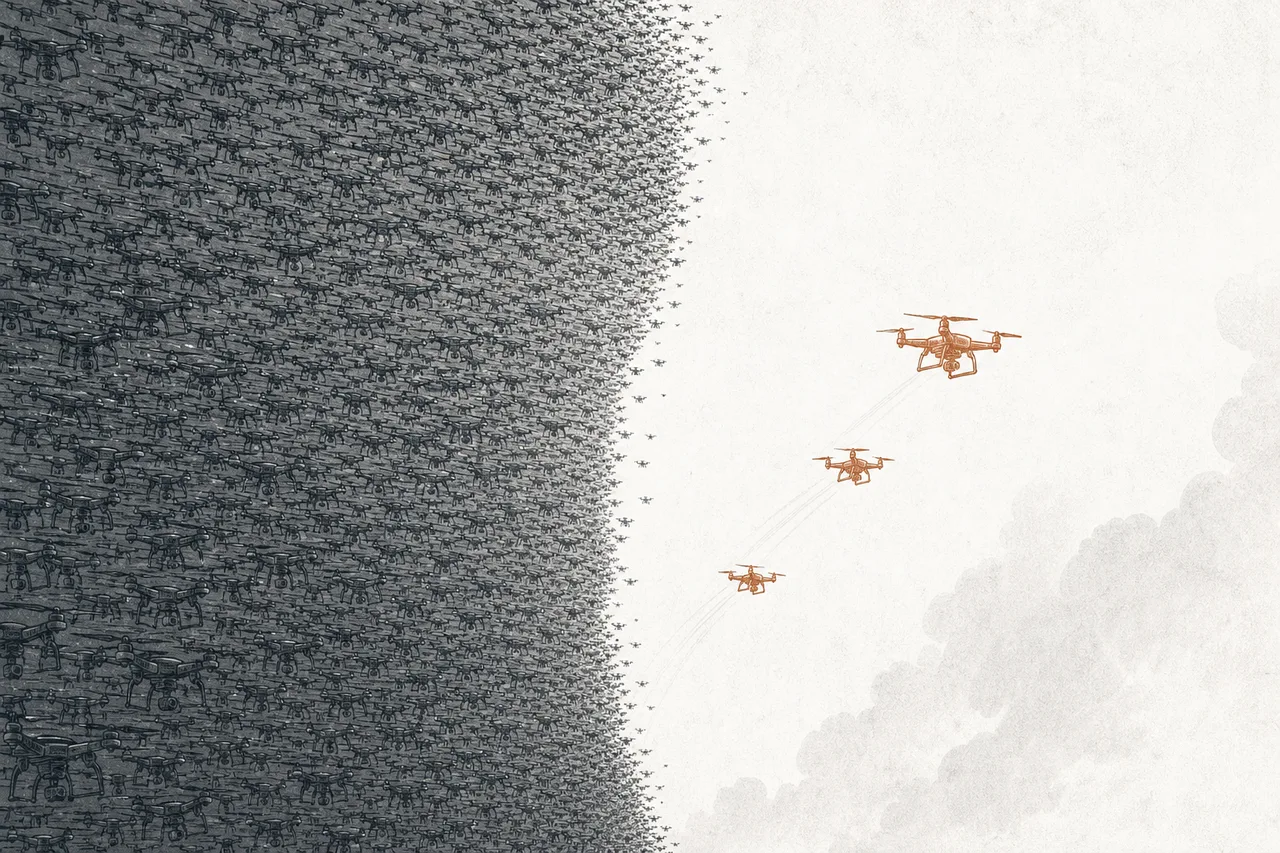 On one side, a vast number of drones flying in a dense flock that fills the sky; on the other, just a few drones beginning to take off one by one through a gap that has opened