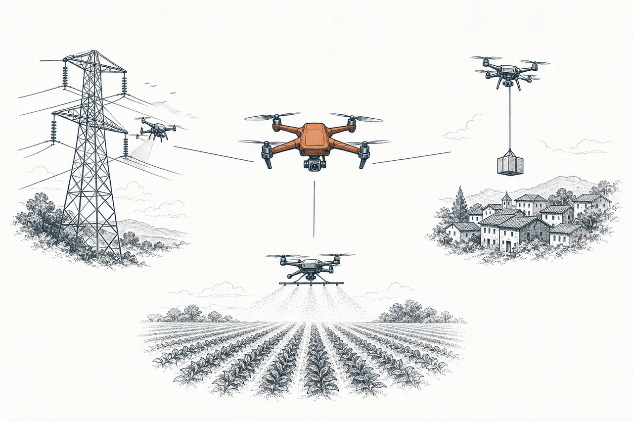 A single drone hovering in the center of the frame, doing several jobs at once — inspecting high-voltage power lines, spraying mist over a field, and dropping a parcel onto a village