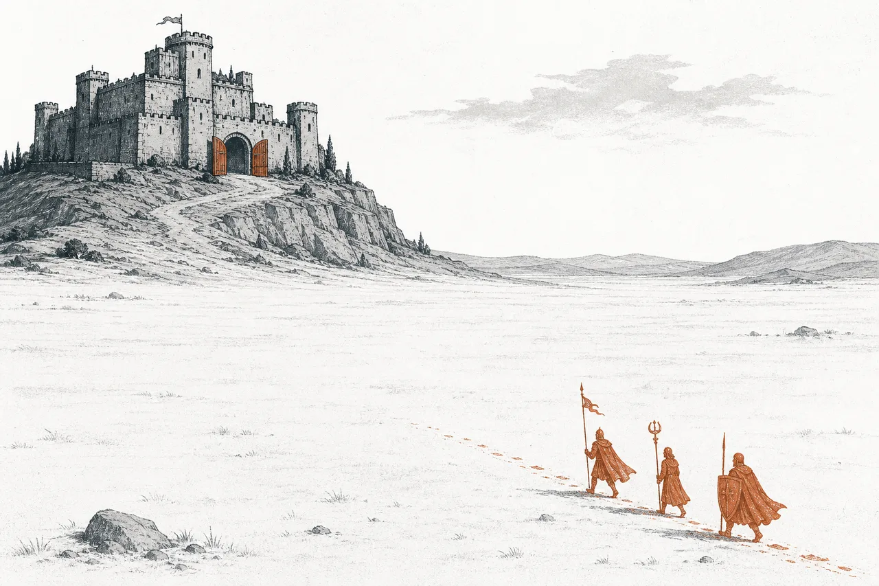 An old, long-standing castle on one side, with several newcomers slowly marching in and closing in from the other after the gate is opened