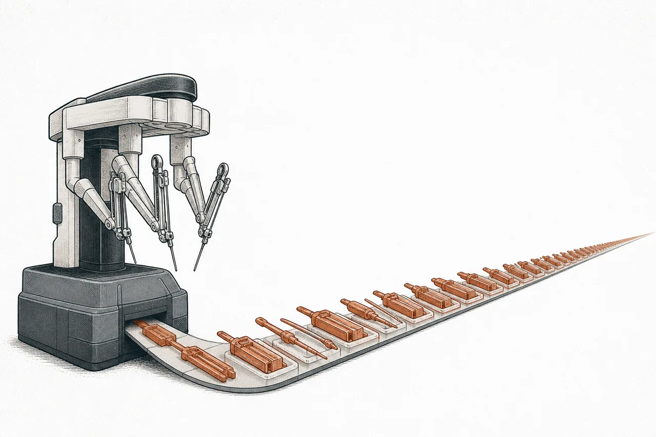 A large surgical robot, sold once, stands tall on one side, while a conveyor of small surgical instruments flows out in a steady, never-ending stream on the other