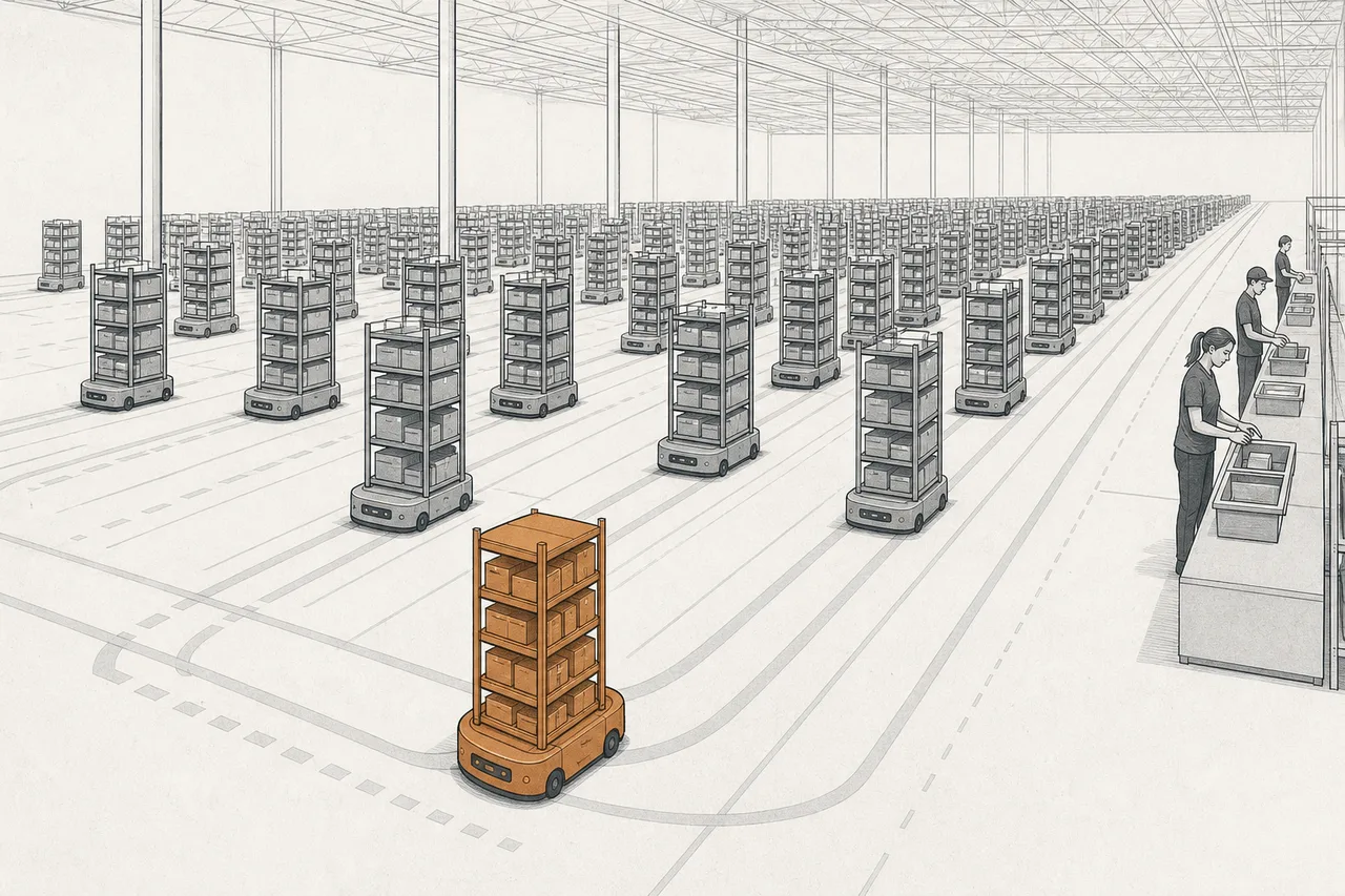 Inside a massive warehouse, a swarm of low robots move shelving racks in orderly streams, heading toward a few human workers picking items at the edge of the frame