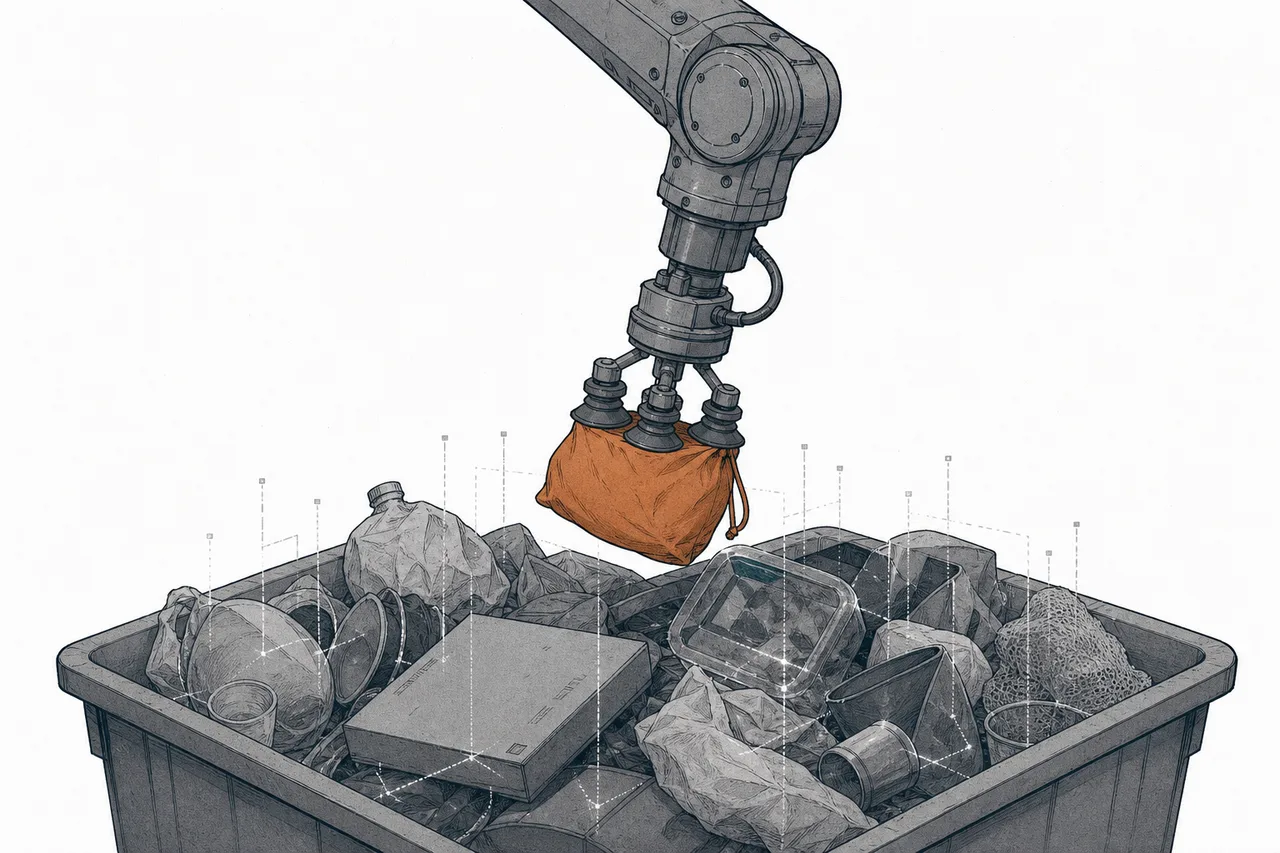 A robot arm tipped with a vacuum suction head reaches in to grab a single item from a bin of mixed shapes piled together, with computer-vision scan lines overlaid