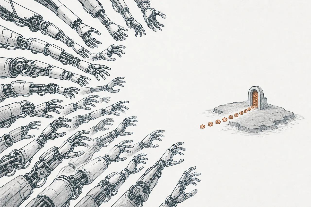 Many robotic arms from all over the world reach in to receive a small gear from a single narrow gate on the islands of Japan
