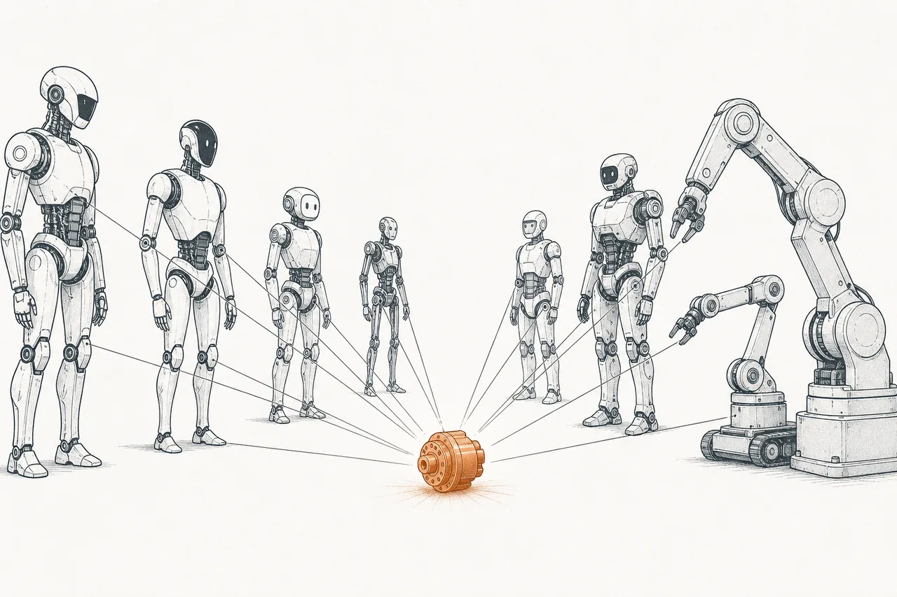 Humanoid robots from many brands stand in a row, but every joint of every one of them is wired back to a single small gearbox in the center