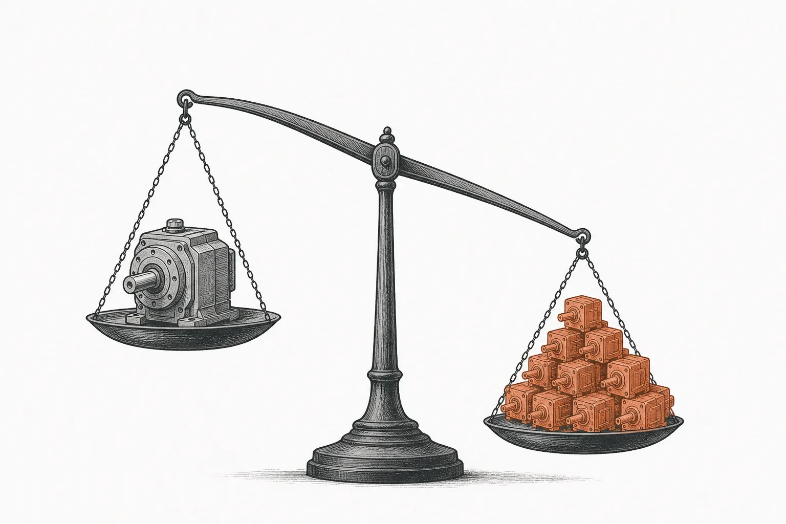 Two reducers placed side by side on a balance scale, one with a high price tag and the other with a lower one, representing the cost competition between incumbent makers and new challengers.
