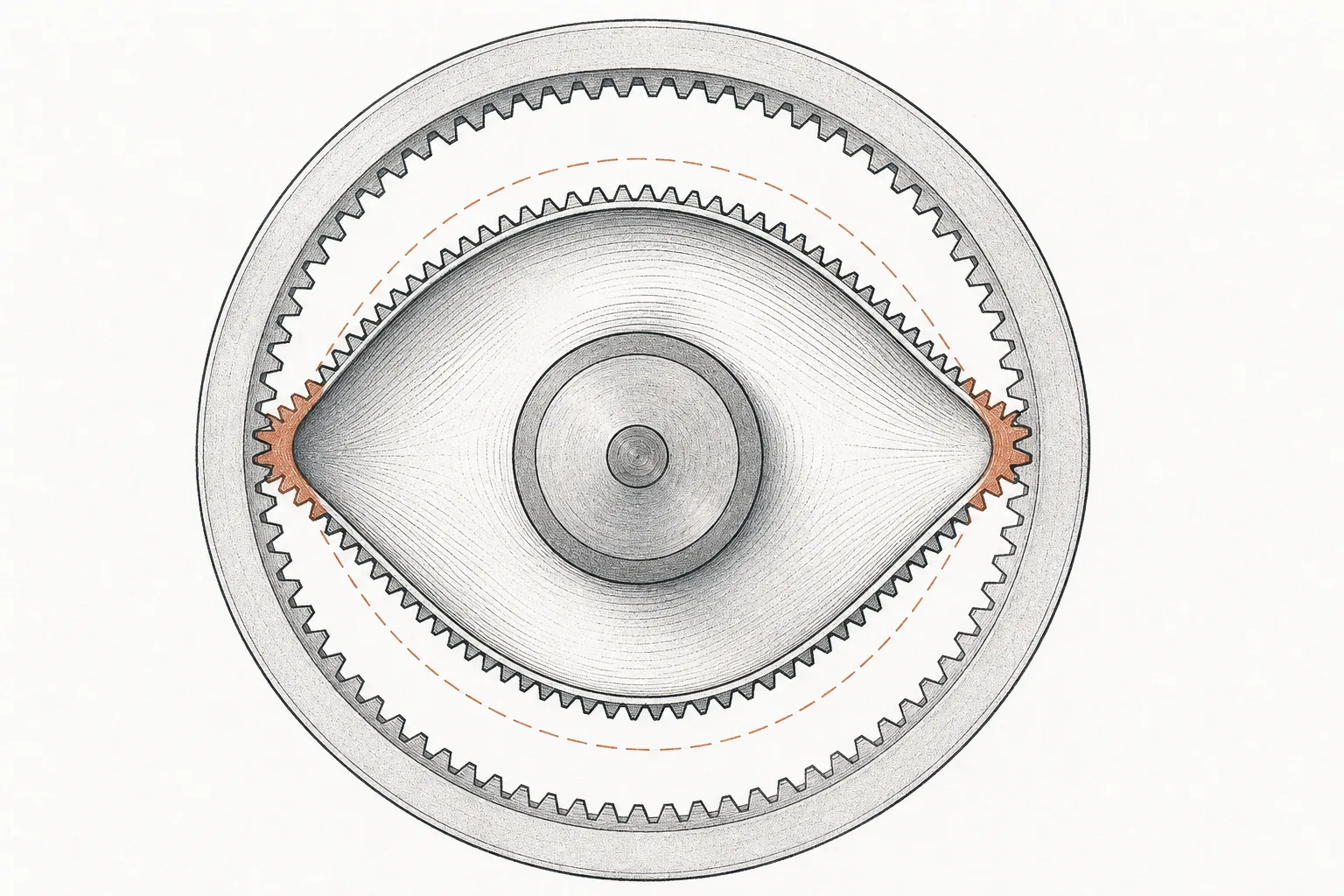A close-up of a thin, semi-transparent metal cup being gently twisted into an ellipse. The small teeth on the cup's rim mesh with the outer ring at two points on each side, conveying reduction through the flexibility of metal.
