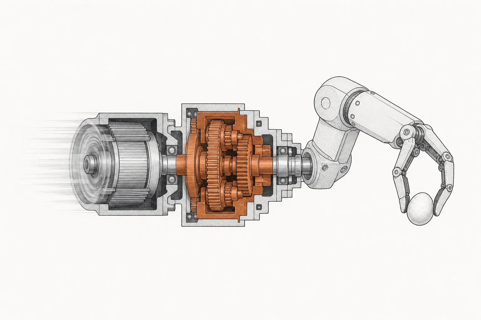 A microscopic cross-section of a robot joint. A fast-spinning motor blurs on one side, sends power through a tiny reducer in the center, and out to an arm tip that holds perfectly still while precisely picking up a small object.