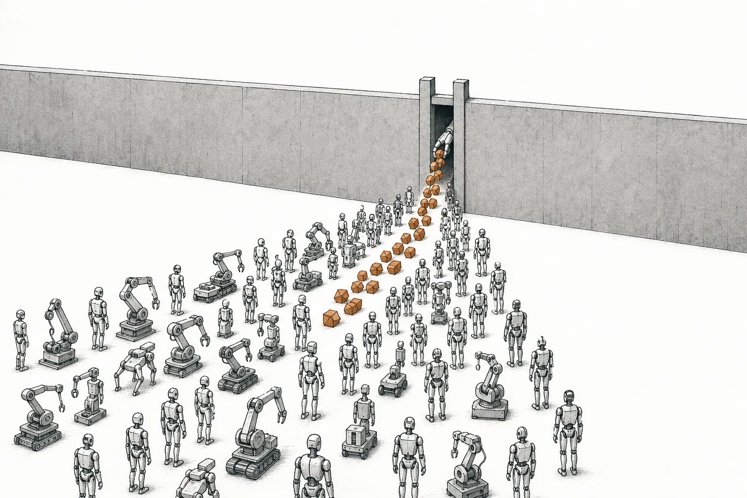 Robot arms from around the world reach in to receive magnets through one narrow door, evoking a rare-earth magnet supply chain concentrated in a single pair of hands.