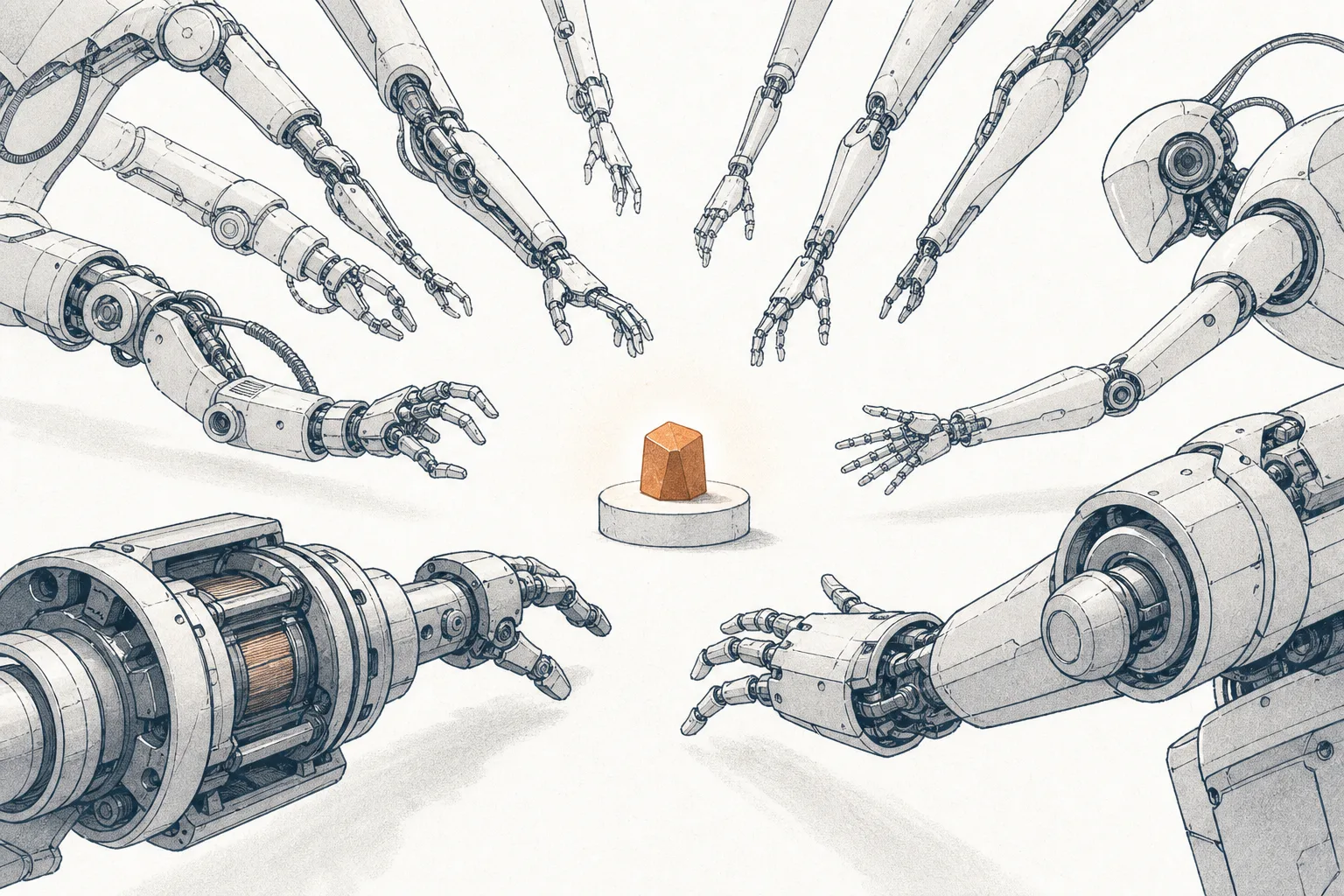 Many robot arms reach toward a single glowing magnet floating in the center, showing that every robot's movement depends on the same magnetic material.