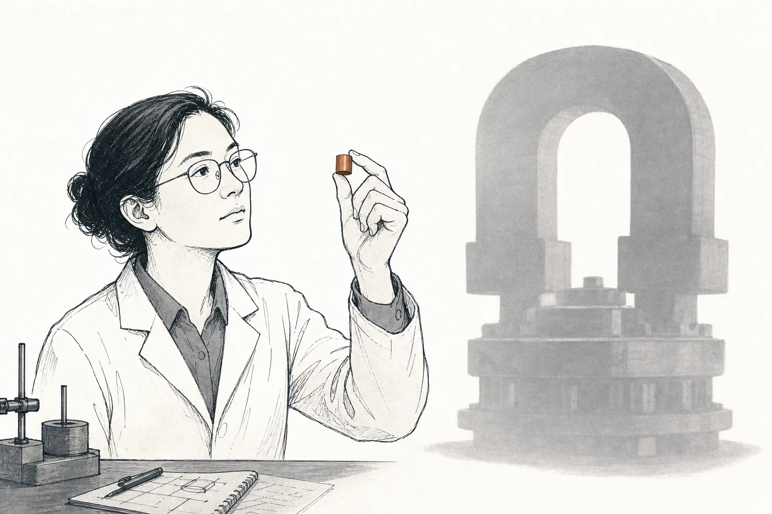 A researcher studies a new kind of magnet in a lab while the shadow of an old rare-earth magnet stretches behind it, evoking the search for an alternative to rare-earth magnets.