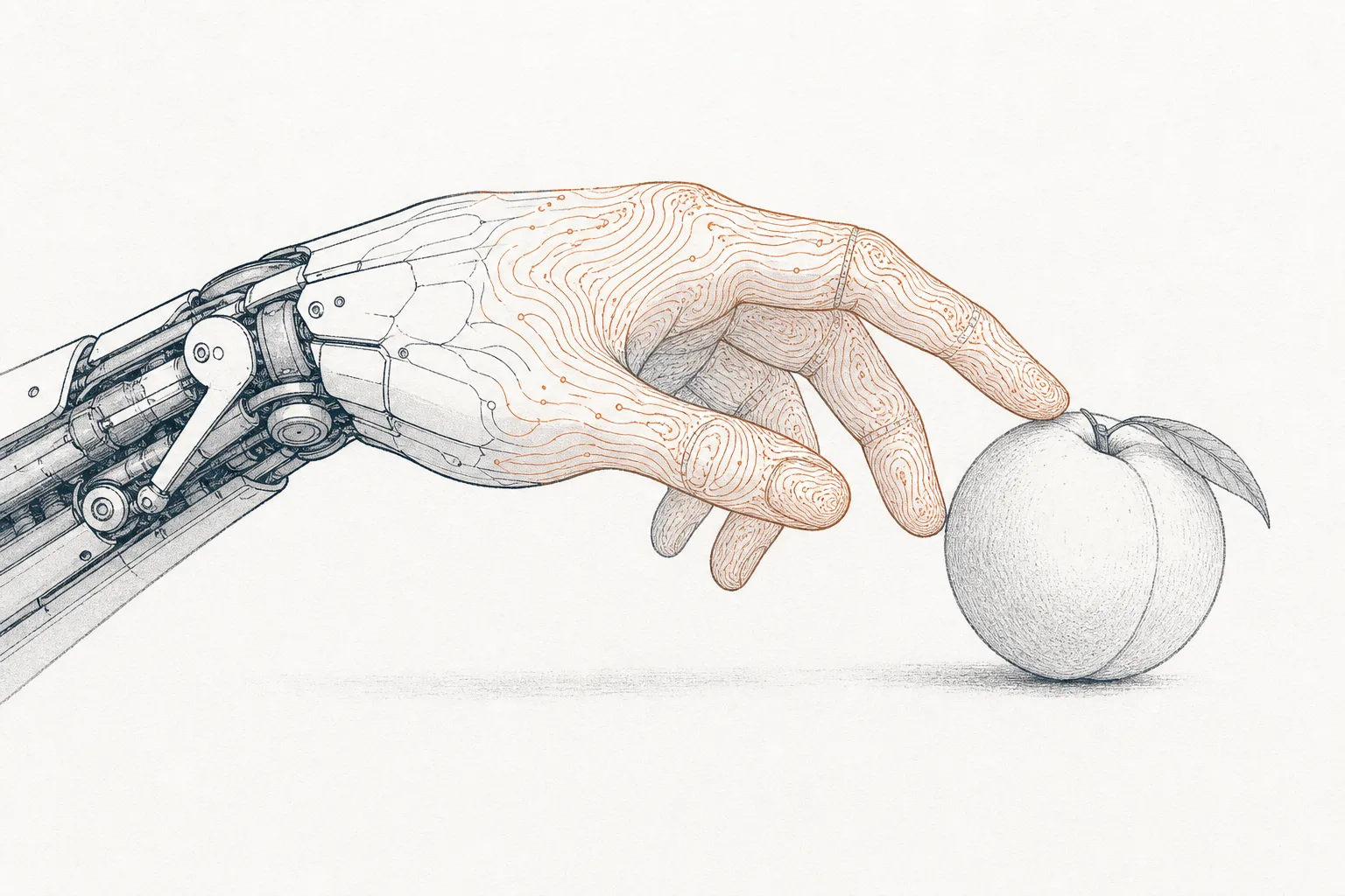 A robot hand whose surface gradually becomes a skin with fine tactile lines, much like human skin, gently touching a soft piece of fruit.