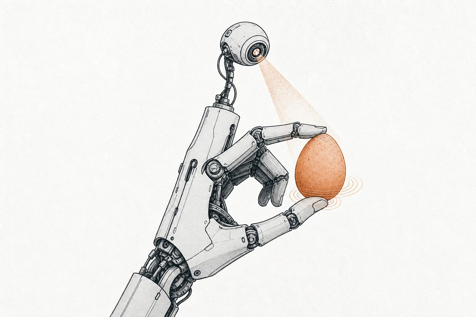 A robot arm with a camera eye above its hand, gently lifting a single egg. A thin beam of light runs from the camera down to the egg, and small ripples at the fingertips suggest the sense of touch.