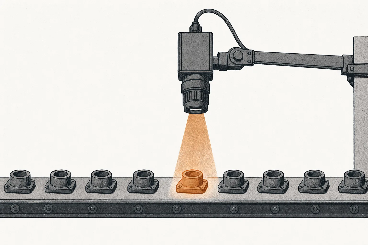 A single industrial camera stares down at a conveyor belt with parts running past in a row. A thin beam of light makes one part stand out from the rest, suggesting defect detection by machine eye.