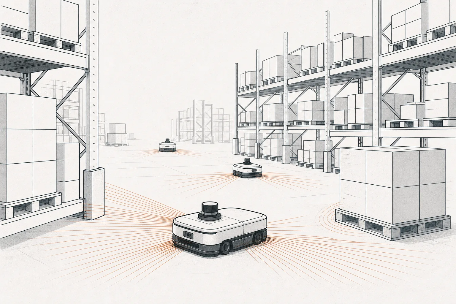 Several mobile robots moving around a warehouse, each with a small sensor projecting thin laser lines that sweep the space around it — representing LiDAR moving from cars into industrial robots.