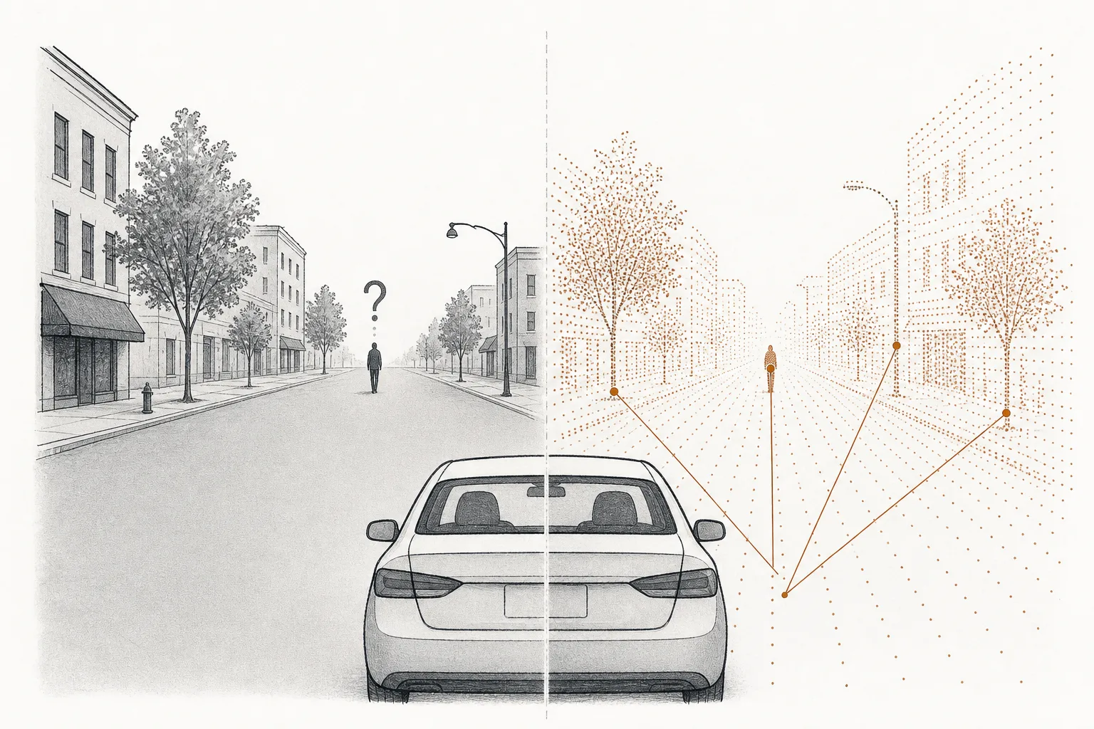 A split-screen image. One side shows a car seeing the world through flat photos, with question marks floating over distant objects. The other shows the same car seeing the world as a 3D cloud of points with clear distance numbers — representing the two camps of belief: camera-only vs measuring distance with lasers.