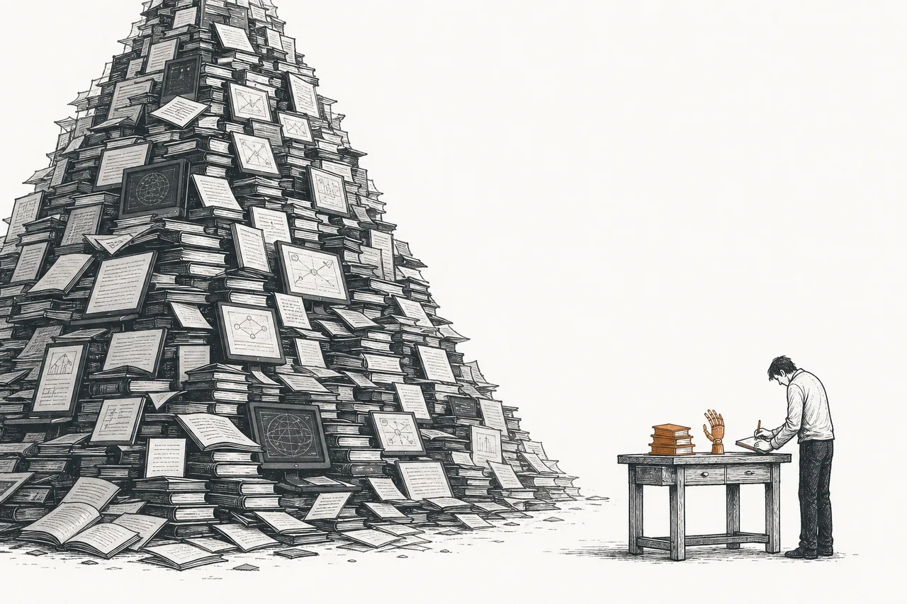 On one side, a huge mountain of books representing internet data; on the other, just a few tiny books representing the very scarce robot data