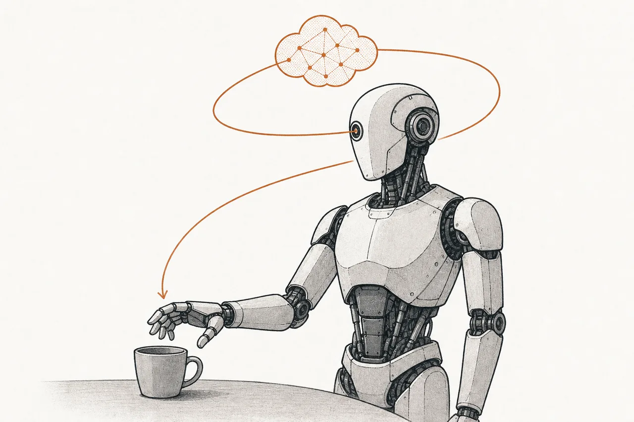A robotic arm stands still as if waiting for a command, with orbiting lines of thought floating above its head, connecting its camera-eye to a hand about to pick something up