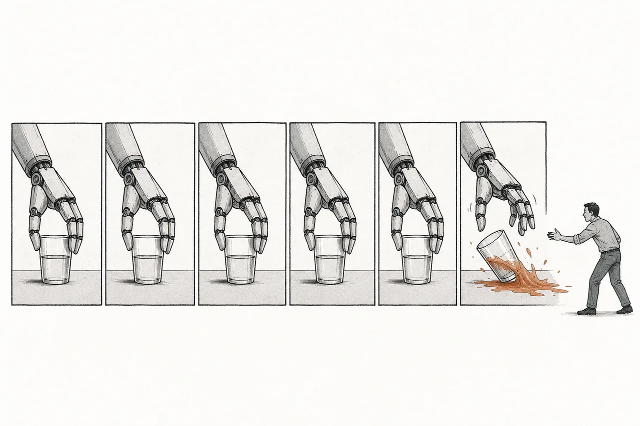 A robot successfully picks up a glass nine times in a row, but on the tenth the glass slips from its hand, reflecting the reliability problem