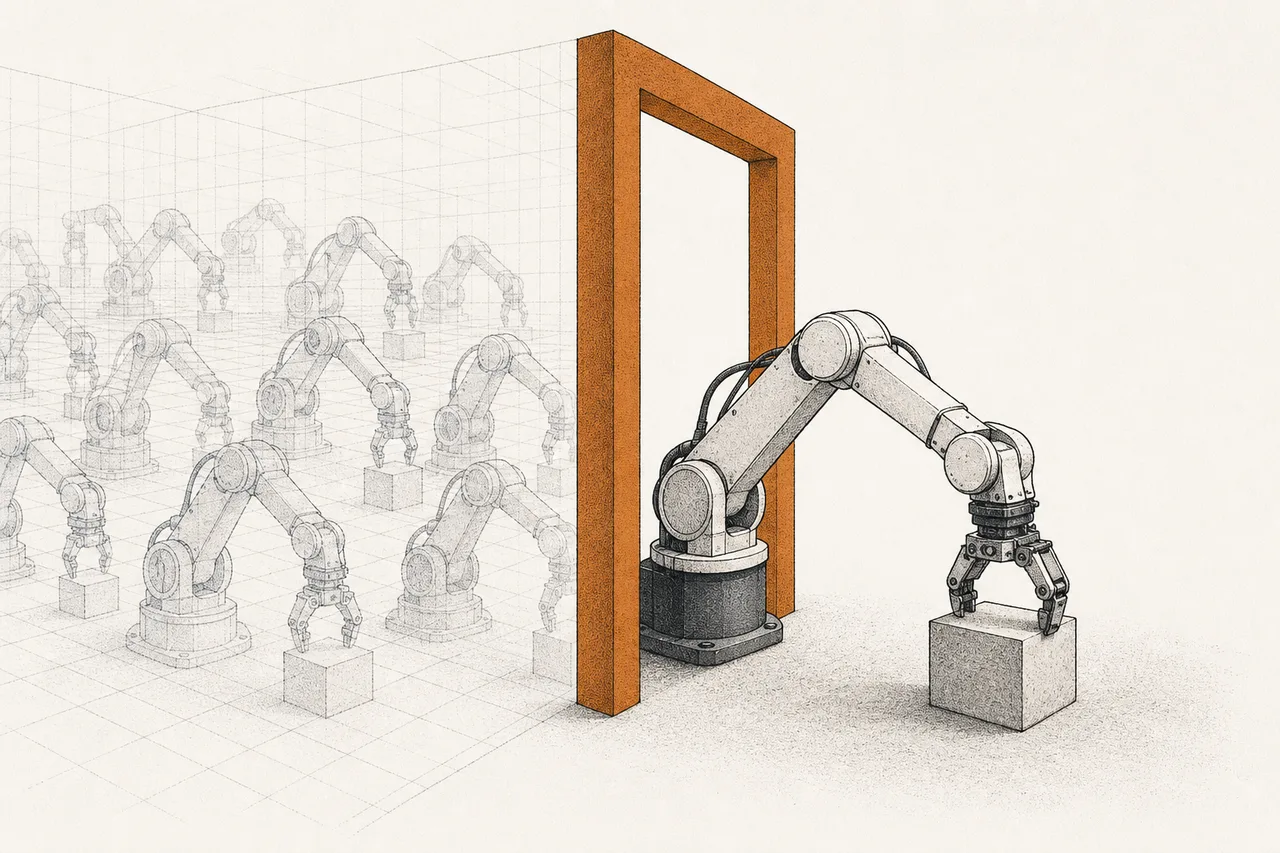 A robot practices picking up objects in a transparent grid-like simulation world, then steps through a frame to do the same task in the real world